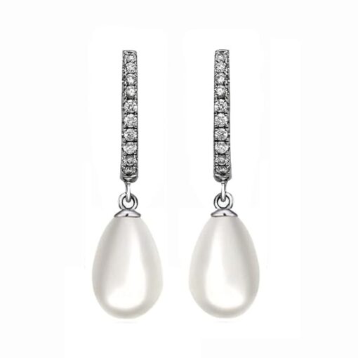front view- SIVYAA Solitaire Fresh Water Tear Drop White Pearl Dangle pure silver Hoop Earrings