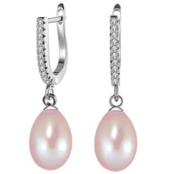 SIVYAA Solitaire Fresh Water Tear Drop Pink Pearl Dangle pure silver Hoop Earrings