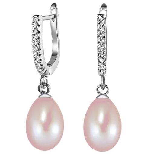 SIVYAA Solitaire Fresh Water Tear Drop Pink Pearl Dangle pure silver Hoop Earrings