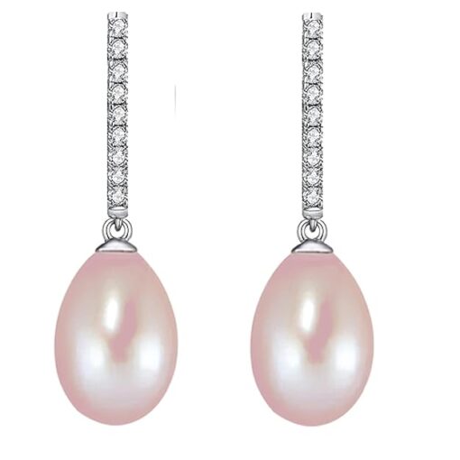 front view- SIVYAA Solitaire Fresh Water Tear Drop Pink Pearl Dangle pure silver Hoop Earrings