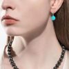model wearing-SIVYAA Solitaire Classic Turquoise Pearl Drop Dangle Hoop