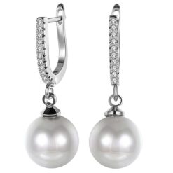 SIVYAA Solitaire Classic White Pearl Drop Dangle pure silver Hoop Earrings