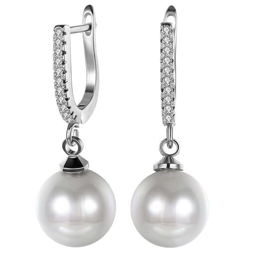 SIVYAA Solitaire Classic White Pearl Drop Dangle pure silver Hoop Earrings