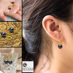 model wearing-SIVYAA gold finish Classic Black Pearl Drop Hook Dangle Earrings