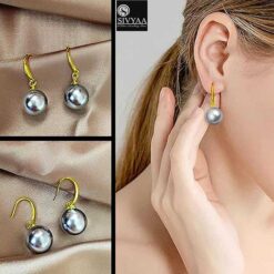 model wearing- SIVYAA gold finish Classic Silver Pearl Drop Hook Dangle Earrings