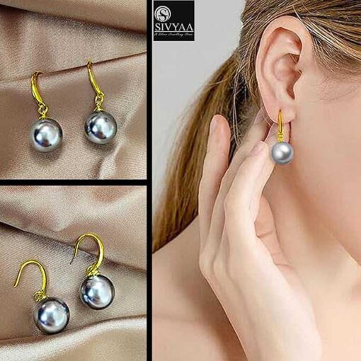 model wearing- SIVYAA gold finish Classic Silver Pearl Drop Hook Dangle Earrings