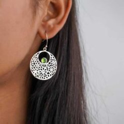 model wearing- SIVYAA Filigree Drop Dangle Round Peridot pure silver Earrings