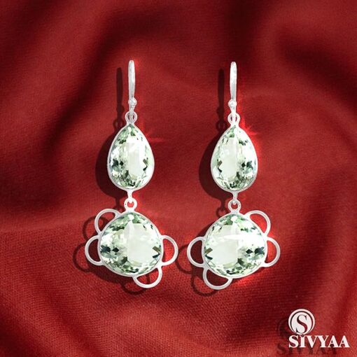 view-1, SIVYAA Tear Drop Clear Quartz Green Amethyst pure silver Dangle earring