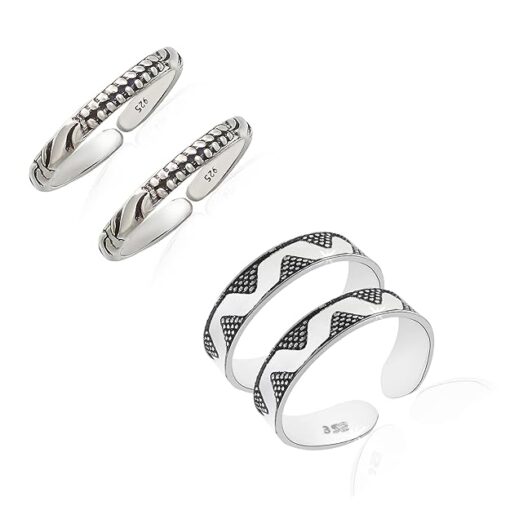 combo of dots-wave & triangle pattern Oxidized Pure Silver Toe Ring Band- SIVYAA