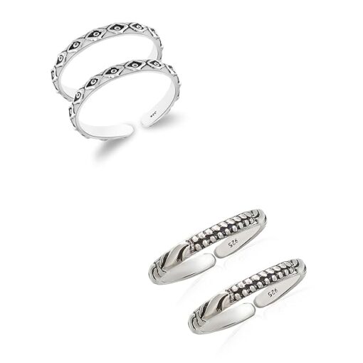 combo of dots-wave & Diamond pattern Oxidized Pure Silver Toe Ring Band- SIVYAA