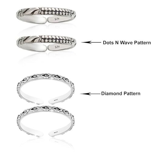 Name- combo of dots-wave & Diamond pattern Oxidized Pure Silver Toe Ring Band- SIVYAA