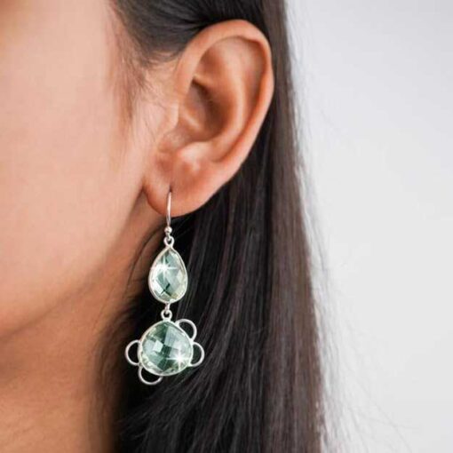 model wearing- SIVYAA Tear Drop Clear Quartz Green Amethyst pure silver Dangle earring