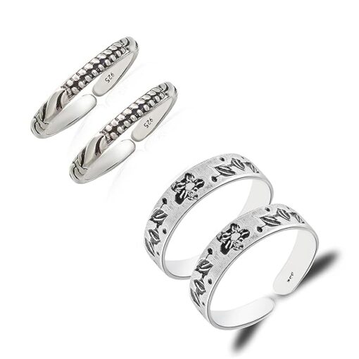 SIVYAA Trendy combo of dots-wave & floral-leaves pattern Oxidized Pure Silver Toe Ring Band