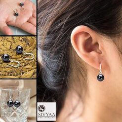 model wearing-SIVYAA Classic Black Pearl Drop Hook Dangle Earrings