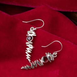 different angle view- SIVYAA Linear pure silver Earrings Studded with Round Garnet