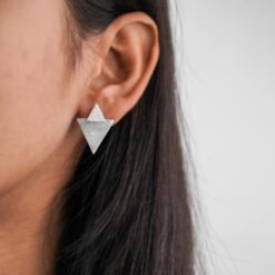 model wearing- SIVYAA three earring in one, Geometric Double Solid Triangle pure silver Studs