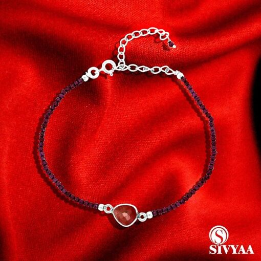 SIVYAA Red Maroon faceted Beads and Pear Solitaire Garnet Chain pure silver wrist band