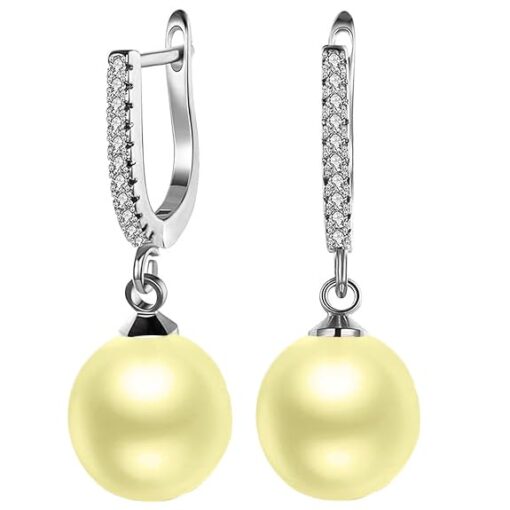 Solitaire Classic Gold Pearl Drop Dangle pure silver Hoop Earrings