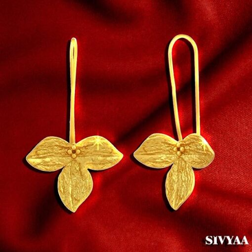 view1- SIVYAA handcrafted Gold Plated Tri-Petaled Flower pure silver dangle Earrings