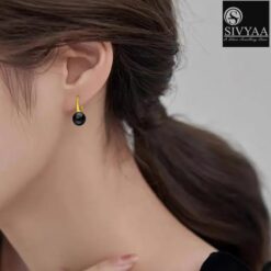 model wearing-SIVYAA gold finish Classic Black Pearl Tiny Drop Dangle Earrings