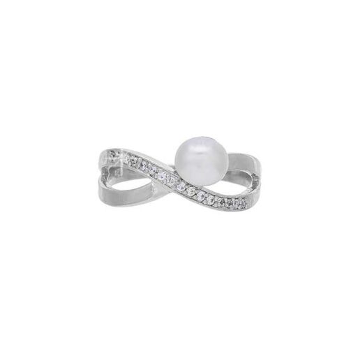 horizontal view- SIVYAA White Fresh Water Pearl & Cubic Zirconia pure silver Criss-Cross Finger Ring