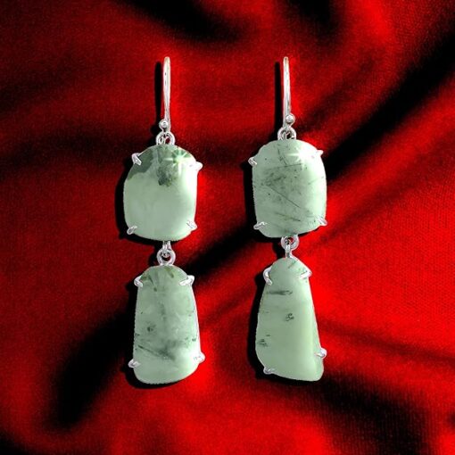 view 1- SIVYAA Hand Carved Natural Stone Linear Clip Drop pure silver Dangle earring