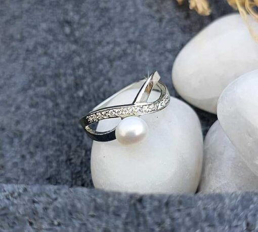 stunning SIVYAA White Fresh Water Pearl & Cubic Zirconia pure silver Criss-Cross Finger Ring