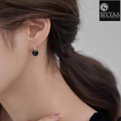 model wearing-SIVYAA Classic Black Pearl Tiny Drop Dangle Earrings