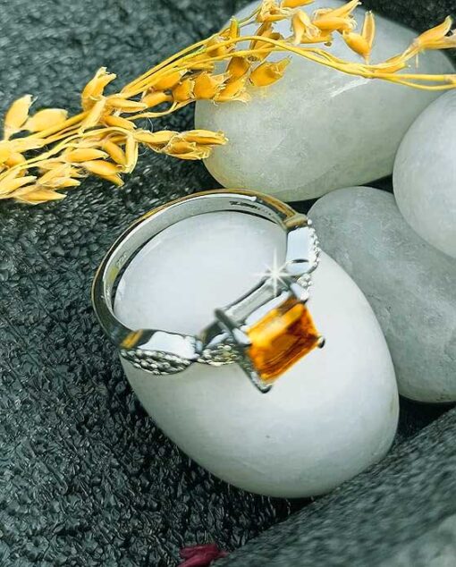 view1- SIVYAA Square Cut Citrine & Cubic Zirconia pure silver Finger Band