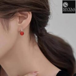 model wearing-all side view-SIVYAA Classic Red Pearl Tiny Drop Dangle Earrings