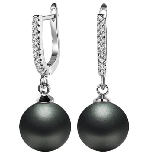 SIVYAA Solitaire Classic Black Pearl Drop Dangle pure silver Hoop Earrings