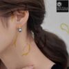 model wearing-all side view-SIVYAA gold finish Classic Silver Pearl Tiny Drop Dangle Earrings