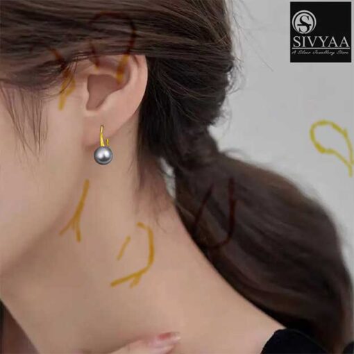model wearing-all side view-SIVYAA gold finish Classic Silver Pearl Tiny Drop Dangle Earrings