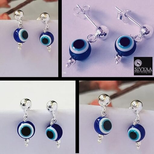 all side view- Greek Turkish Deep Blue Evil Eye Nazar Silver dangle Earrings