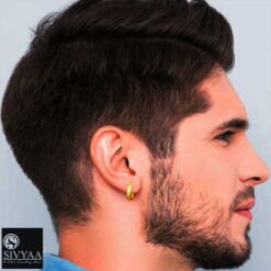 Men's plain Gold Finish Round flattish edge silver Hoop Bali Earrings-male model wearing 15mm