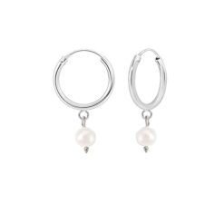 SIVYAA white pearl drop pure silver hoop bali