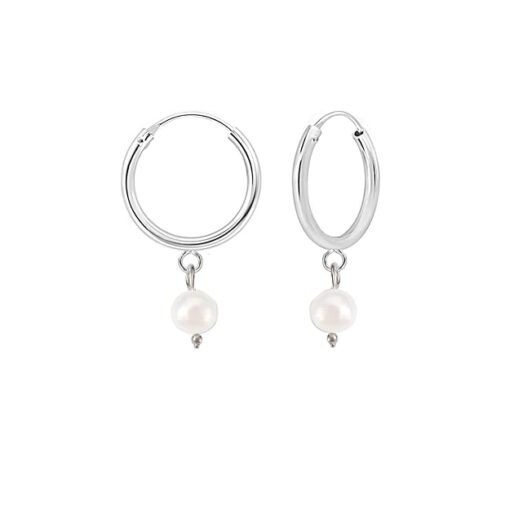 SIVYAA white pearl drop pure silver hoop bali