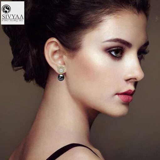model wearing- SIVYAA Gold Finish Solitaire Life of Circle Classic Black Pearl pure silver drop Dangle stud earrings