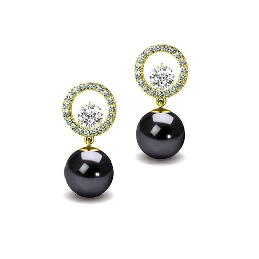 SIVYAA Gold Finish Solitaire Life of Circle Classic Black Pearl pure silver drop Dangle stud earrings