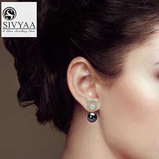 model wearing- Gold Finish Solitaire Life of Circle Classic Black Pearl pure silver drop Dangle