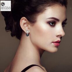 model wearing- Solitaire Life of Circle Classic Black Pearl drop Pure Silver Dangle stud earrings