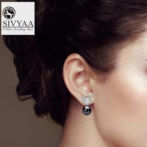 model wearing- SIVYAA Solitaire Life of Circle Classic Black Pearl drop Pure Silver Dangle