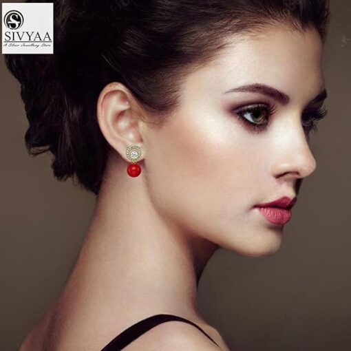 model wearing-Solitaire Life of Circle Classic Red Pearl drop Dangle Gold Finish