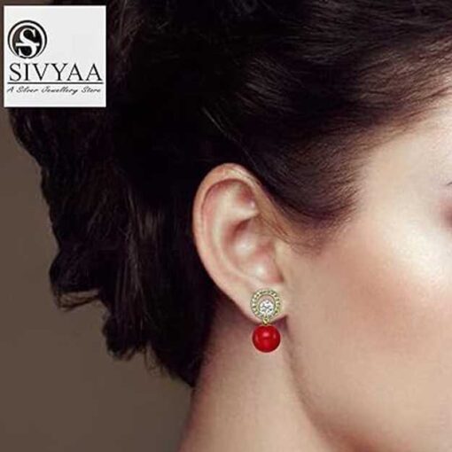 model wearing-Gold Finish Solitaire Life of Circle Classic Red Pearl drop Dangle