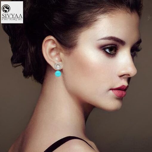 model wearing-SIVYAA Solitaire Life of Circle Classic Turquoise Pearl pure silver drop Dangle