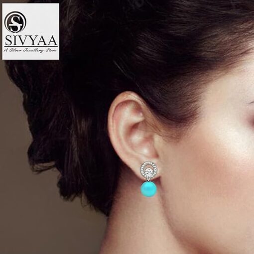 model wearing-SIVYAA Solitaire Life of Circle Classic Turquoise Pearl pure silver drop Dangle earring