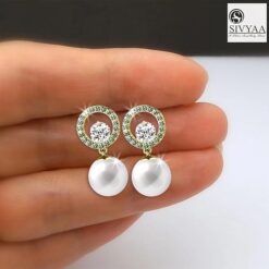 Gold Finish SIVYAA Solitaire Life of Circle Classic White Pearl pure silver drop Dangle earring