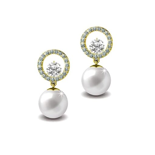 Gold Finish Solitaire Life of Circle Classic White Pearl pure silver drop Dangle earring-SIVYAA