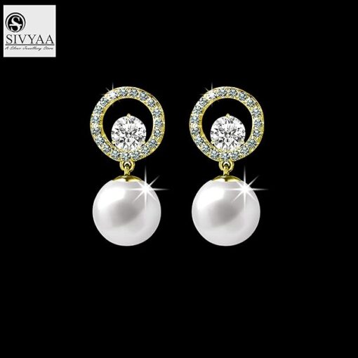 SIVYAA Solitaire Life of Circle Classic White Pearl drop Dangle Gold Finish