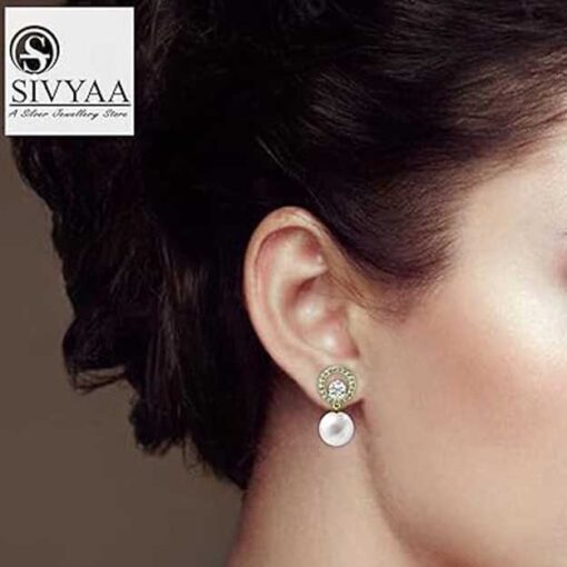 model wearing-SIVYAA Gold Finish Solitaire Life of Circle Classic White Pearl pure silver drop Dangle earrings